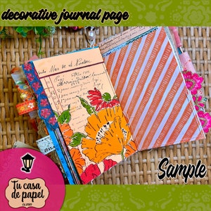 May include: A decorative journal page with a floral pattern and handwritten text. The page is open to reveal a striped patterned paper on the opposite side. The journal is decorated with lace, ribbon, and other embellishments.