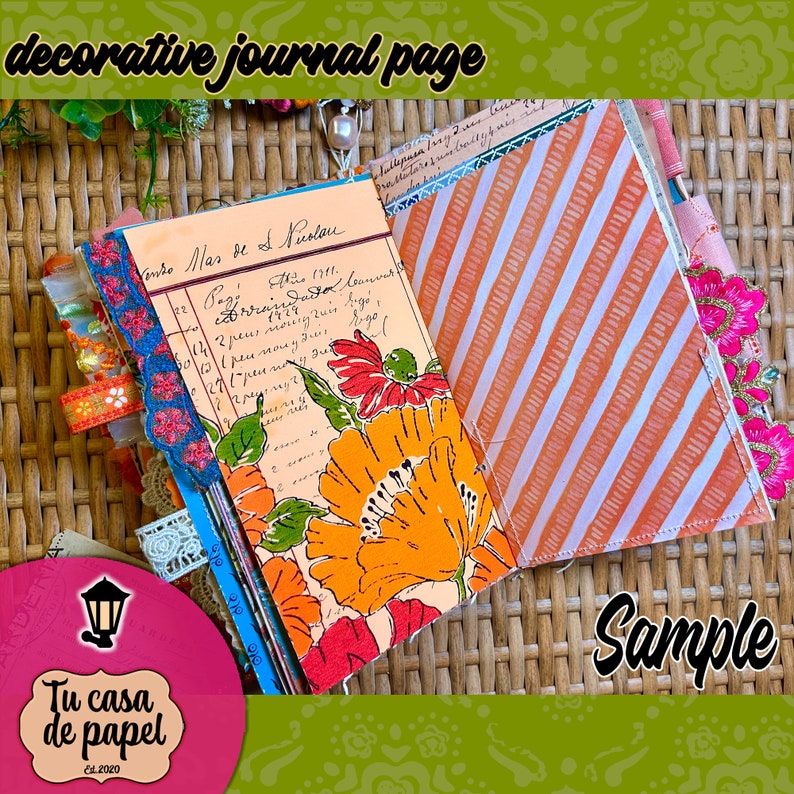 May include: A decorative journal page with a floral pattern and handwritten text. The page is open to reveal a striped patterned paper on the opposite side. The journal is decorated with lace, ribbon, and other embellishments.