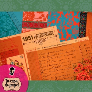 May include: A vintage orange and yellow ledger page with handwritten text in Spanish. The text reads "1951 Contribucion Territorial 365 31 Martes Son Silvano y Santa Coloma Aniversario de la Conquista de Mallorca en 1229". The page is decorated with floral patterns.