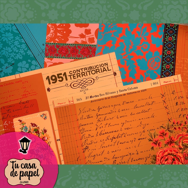 May include: A vintage orange and yellow ledger page with handwritten text in Spanish. The text reads "1951 Contribucion Territorial 365 31 Martes Son Silvano y Santa Coloma Aniversario de la Conquista de Mallorca en 1229". The page is decorated with floral patterns.