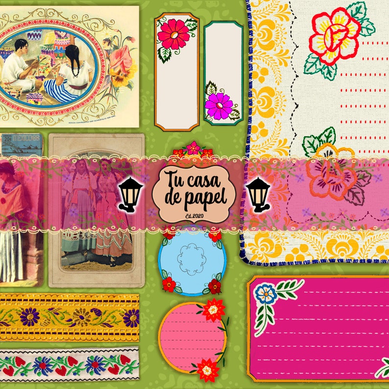 May include: A digital collage featuring various colorful elements with a Mexican theme. The collage includes floral patterns, embroidered fabric, and a banner with the text "Tu casa de papel Est. 2020".