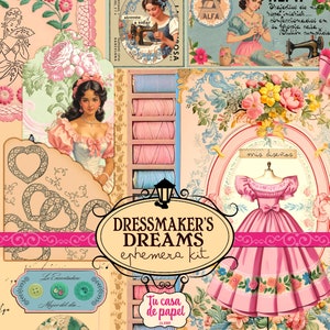 DRESSMAKER'S DREAMS - Noções de costura e vestidos de bonecas de papel Kit efêmero para registro criativo de lixo eletrônico