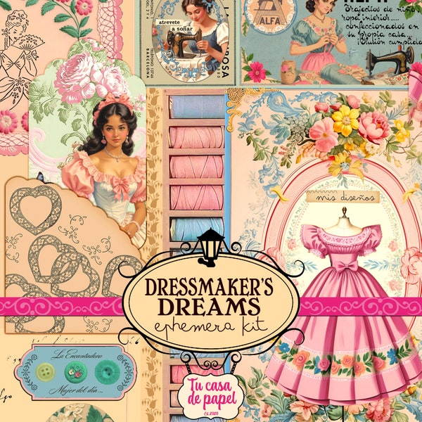 DRESSMAKER’S DREAMS - Sewing Notions & Paper Doll Dresses Ephemera Kit for Creative Junk Journaling