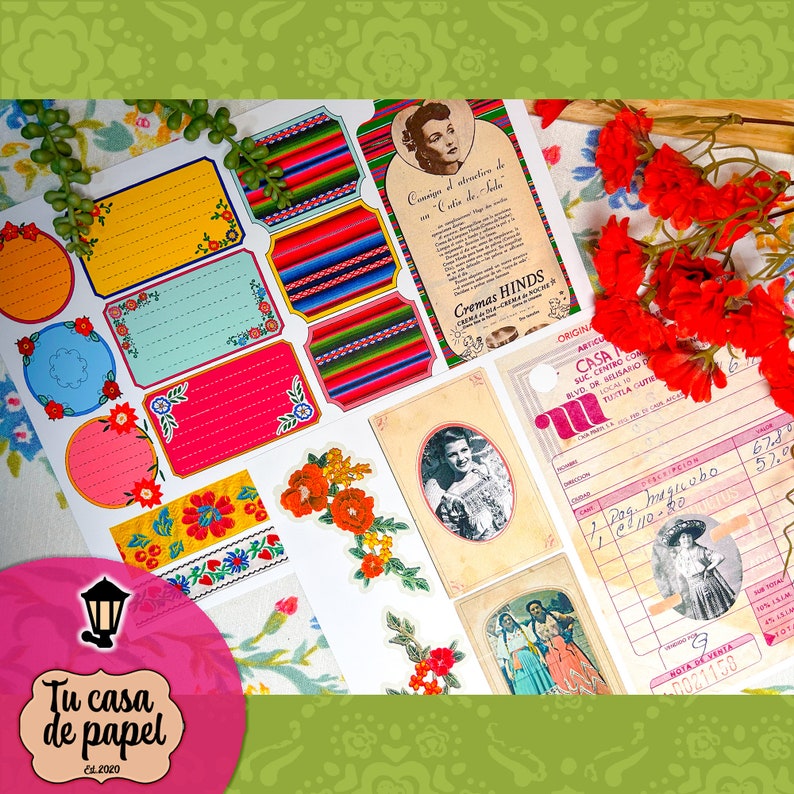 May include: A set of colorful paper stickers with floral and geometric designs. The stickers include labels, borders, and decorative elements. The stickers are perfect for adding a touch of whimsy to journals, planners, and other paper crafts.