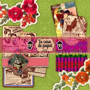May include: A collage of vintage images with a pink and green color scheme. The images include a family portrait, a woman with a bouquet of flowers, a woman with a hairbrush, and a woman with a bottle of perfume. The text "Tu casa de papel Ed. 2020" is in the center of the collage.