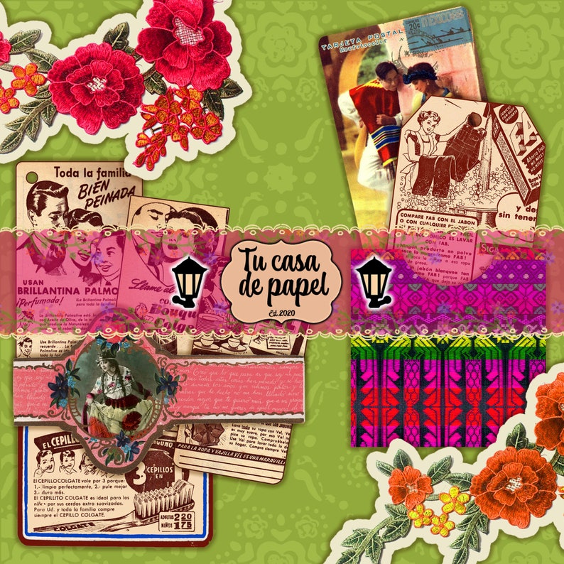 May include: A collage of vintage images with a pink and green color scheme. The images include a family portrait, a woman with a bouquet of flowers, a woman with a hairbrush, and a woman with a bottle of perfume. The text "Tu casa de papel Ed. 2020" is in the center of the collage.
