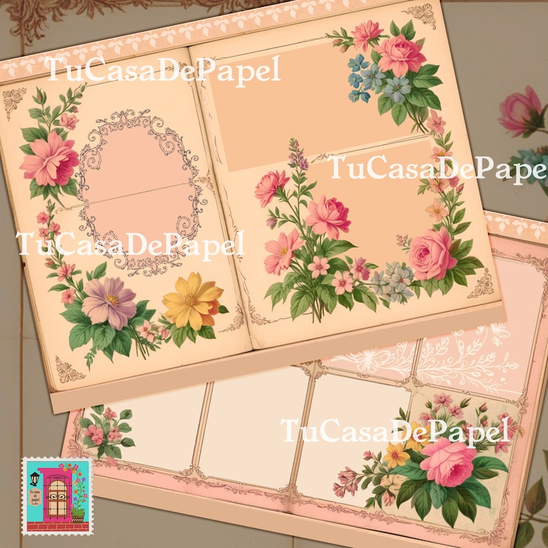K&ouml;nnte beinhalten: Ein Notizbuch im Vintage-Stil mit floralen Verzierungen und leeren Seiten zum Journaling. Das Notizbuch hat ein rosa-cremefarbenes Farbschema und ist durchgehend mit zarten Blumenillustrationen verziert. Der Text "TuCasaDePapel" erscheint auf dem Einband.