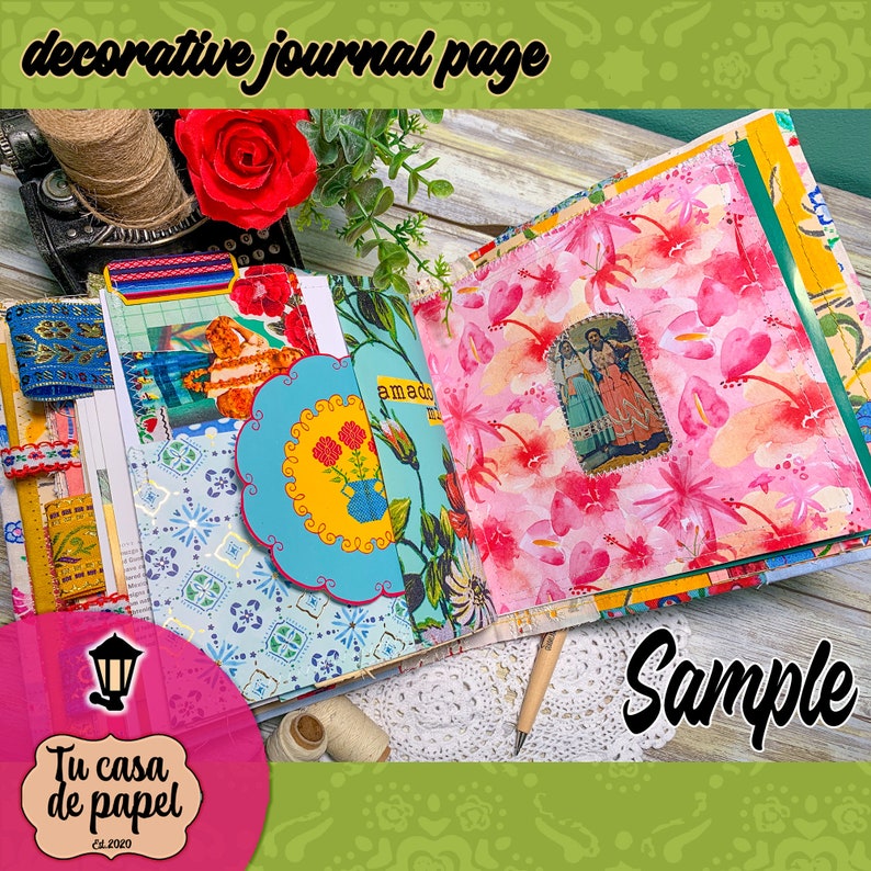 May include: A decorative journal page with a floral design and a cutout of a woman in a dress. The page is decorated with ribbons, fabric scraps, and other embellishments. The text "Tu casa de papel" is visible in the bottom left corner.
