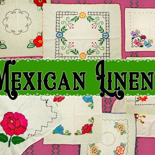 DIGITAL vintage Linen Kit, Junk Journal Printable Labels, Floral Journaling Cards, Mexico Broded Napkins Textile, Embellishment, Supply