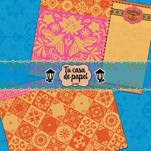 May include: A digital paper pack with four different patterns. The patterns are a blue floral design, a pink and yellow floral design, a yellow and orange geometric design, and a yellow and orange checkered design. The text "Tu casa de papel" is in the center of the image.