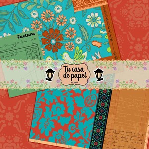 May include: A collage of colorful patterned paper featuring floral designs, birds, and a vintage invoice. The text "Tu casa de papel Est. 2020" is featured in the center of the collage.