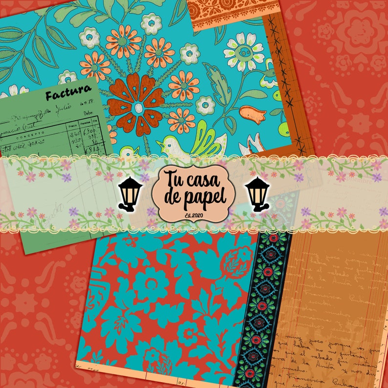 May include: A collage of colorful patterned paper featuring floral designs, birds, and a vintage invoice. The text "Tu casa de papel Est. 2020" is featured in the center of the collage.