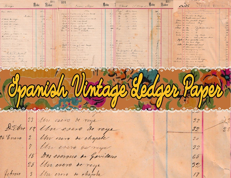 May include: A vintage ledger page with handwritten Spanish text. The page is yellowed with age and has a faded floral pattern at the top. The text includes numbers and words like "Un esero de reye" and "Dos escrous de Govilaus".