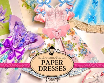 Origami Paper Dress Printable, Coquette Ephemera, Mexican Paper Doll, Quinceañeara Favors, Sweet Sixteen Favors, Junk Journal, Bows Clip Art