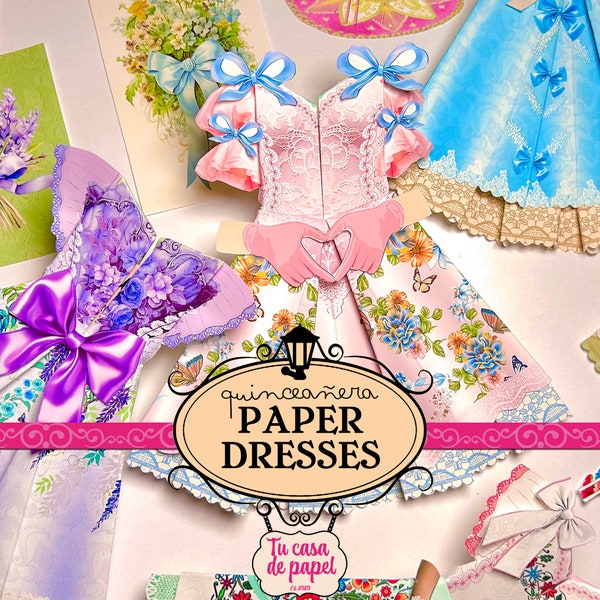 Vestido de papel de origami imprimible, efímera de coqueta, muñeca de papel mexicana, favores de quinceañera, favores de dulces dieciséis, diario basura, clip art de arcos