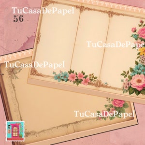 K&ouml;nnte beinhalten: Zwei Papierseiten im Vintage-Stil mit dekorativen R&auml;ndern und floralen Akzenten. Die Seiten sind leer und bereit zum Schreiben oder Zeichnen. Der Text "TuCasaDePapel 56" erscheint auf der oberen Seite.