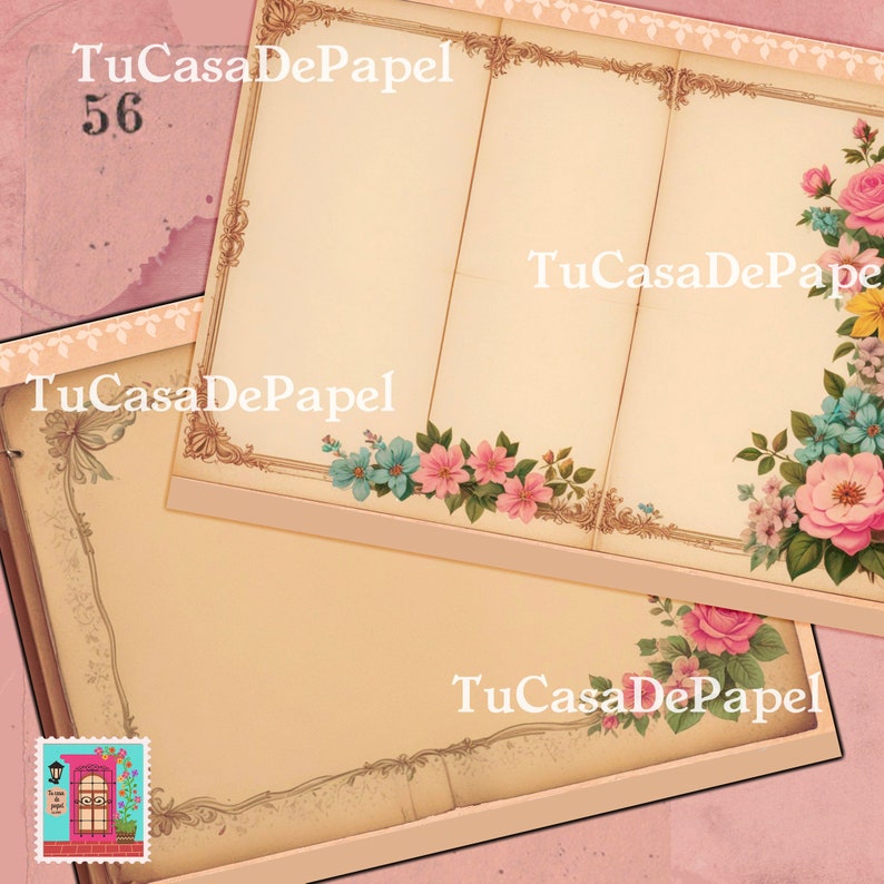 K&ouml;nnte beinhalten: Zwei Papierseiten im Vintage-Stil mit dekorativen R&auml;ndern und floralen Akzenten. Die Seiten sind leer und bereit zum Schreiben oder Zeichnen. Der Text "TuCasaDePapel 56" erscheint auf der oberen Seite.