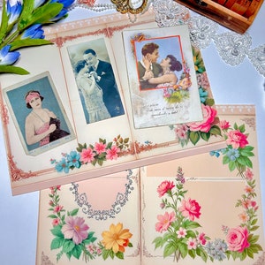 K&ouml;nnte beinhalten: Ein Vintage-Scrapbook mit floralen Designs und drei Fotoeins&auml;tzen. Das Scrapbook hat einen rosa Hintergrund und zeigt eine Vielzahl von Blumen, darunter Rosen, G&auml;nsebl&uuml;mchen und Lilien. Die Fotoeins&auml;tze sind alle in Schwarzwei&szlig; und zeigen Portr&auml;ts von Personen.