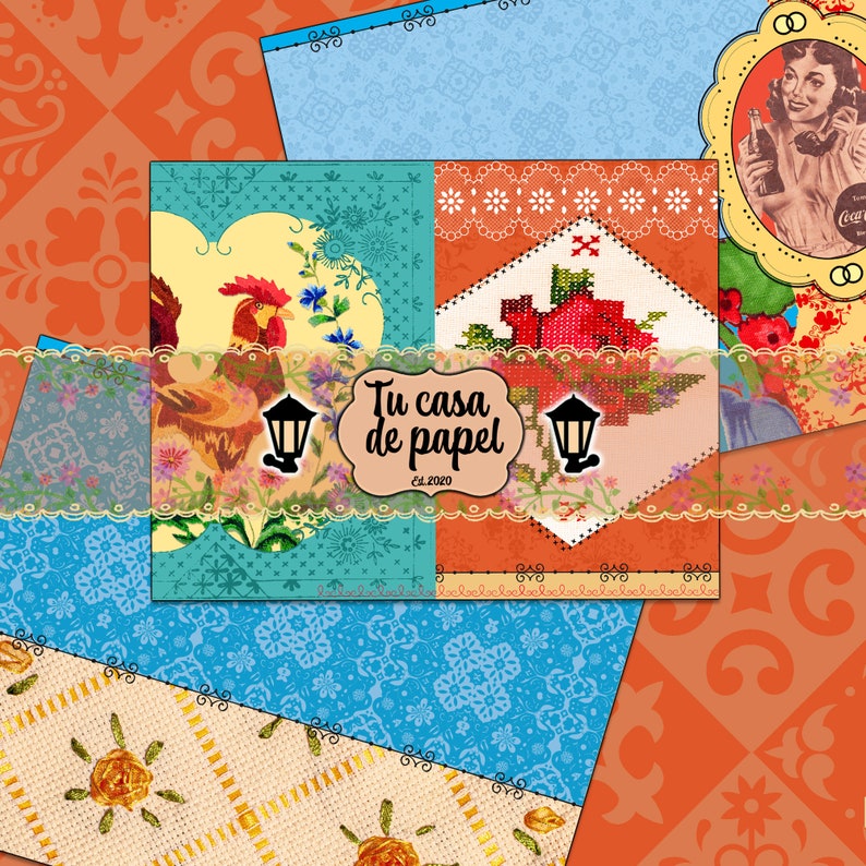 May include: A collage of colorful paper scraps with a variety of patterns and designs. The center of the collage features a white label with the text "Tu casa de papel" and the year "Ed. 2020".