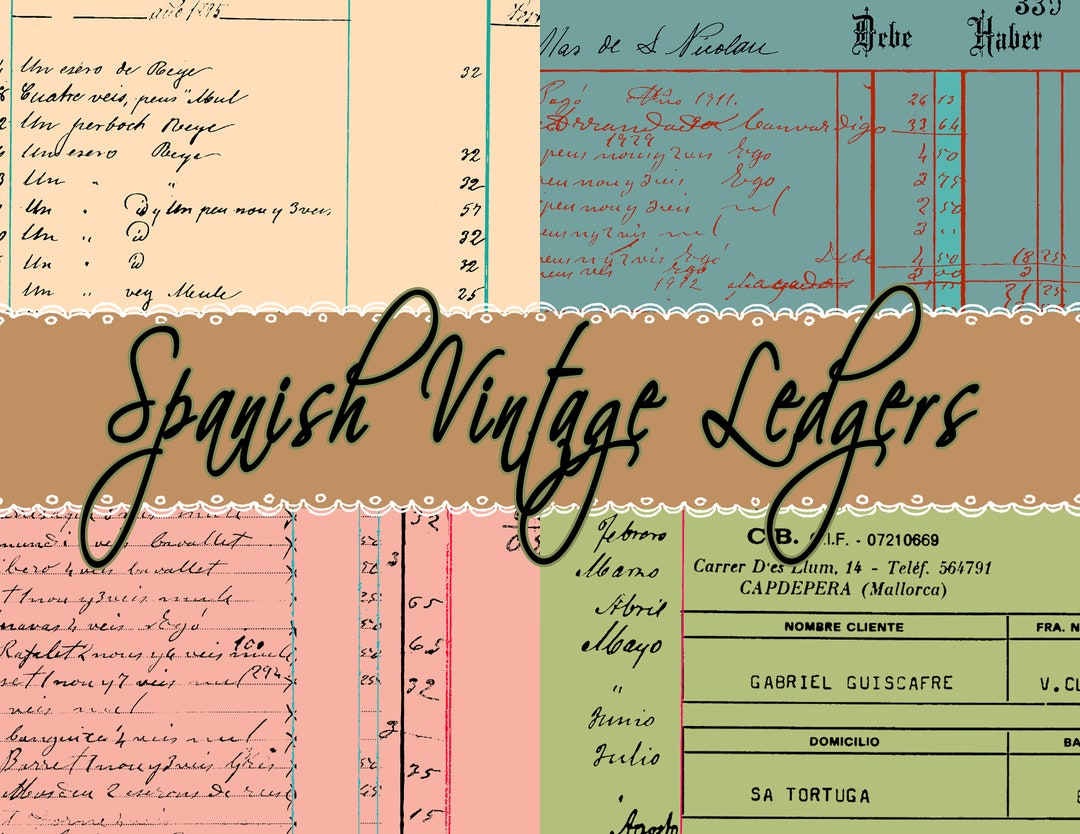 Digital Vintage Spanish Ledger Paper, Invoices, Receipts, Junk Journal