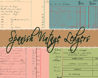 Digital Vintage Spanish Ledger Paper, Invoices, Receipts, Junk Journal Retro Printable, Vintage Script, Ledger Book, Spanish Ephemera