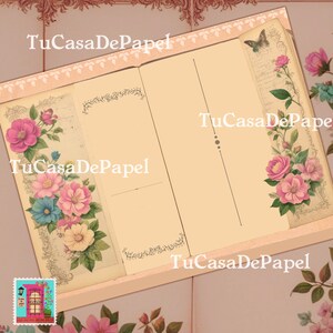 K&ouml;nnte beinhalten: Ein Notizbuch im Vintage-Stil mit floralem Design und dem Text "TuCasaDePapel" auf dem Umschlag. Das Notizbuch hat eine rosa und cremefarbene Farbgebung und ein Lesezeichen in Form eines Schmetterlings.