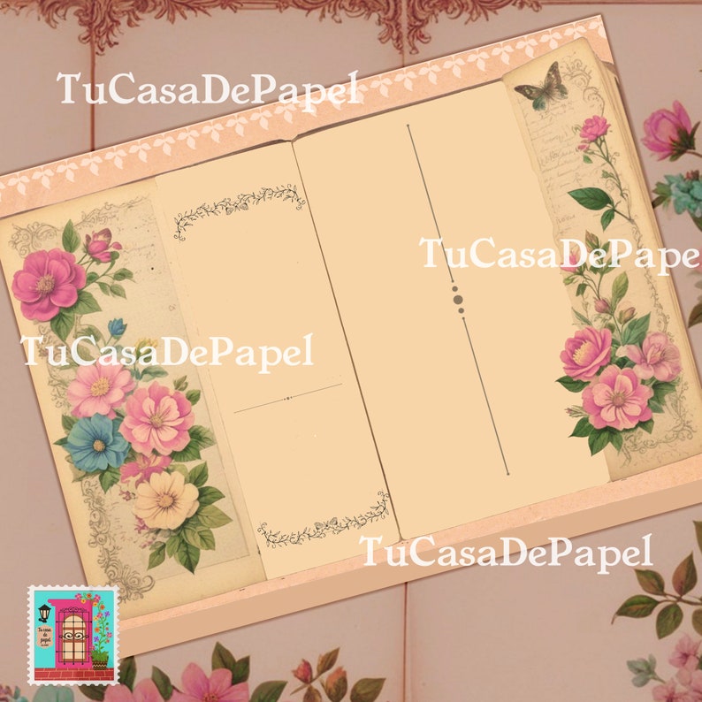K&ouml;nnte beinhalten: Ein Notizbuch im Vintage-Stil mit floralem Design und dem Text "TuCasaDePapel" auf dem Umschlag. Das Notizbuch hat eine rosa und cremefarbene Farbgebung und ein Lesezeichen in Form eines Schmetterlings.