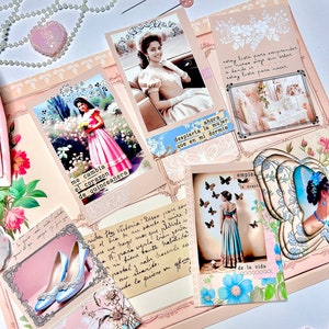 K&ouml;nnte beinhalten: Eine Collage von Bildern mit rosa und wei&szlig;em Hintergrund. Die Bilder zeigen eine junge Frau in einem wei&szlig;en Kleid, eine junge Frau in einem rosa Kleid, eine Frau in einem blauen Kleid und ein Paar blaue High Heels. Der Text in den Bildern enth&auml;lt spanische S&auml;tze wie "me cambia el corazon de quincea&ntilde;era" und "ahora despierta la mujer que en mi dormia".