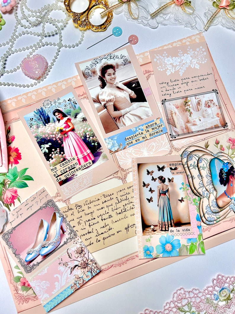 K&ouml;nnte beinhalten: Eine Collage von Bildern mit rosa und wei&szlig;em Hintergrund. Die Bilder zeigen eine junge Frau in einem wei&szlig;en Kleid, eine junge Frau in einem rosa Kleid, eine Frau in einem blauen Kleid und ein Paar blaue High Heels. Der Text in den Bildern enth&auml;lt spanische S&auml;tze wie "me cambia el corazon de quincea&ntilde;era" und "ahora despierta la mujer que en mi dormia".