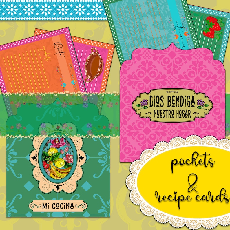 May include: A set of colorful recipe cards with a green pocket folder. The folder has a floral design and the text "Mi Cocina" on the front. The recipe cards have a floral border and the text "Recipe" on the top. The pocket folder has a yellow label with the text "pockets & recipe cards". The folder also has a pink flap with the text "Dios Bendice Nuestro Hogar".