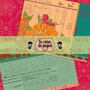 May include: A vintage green and white form with the title "TABLA 5 - CARTILLA DE MAQUILA DE RECEPCION DE HARINA EN FABRICA" and columns labeled "Kilos", "Trigo", and "Centeno". The form is surrounded by a floral border with orange, red, and yellow flowers.
