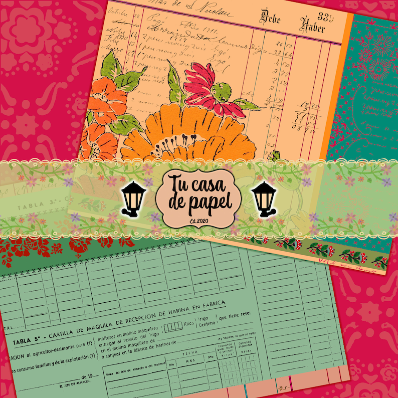 May include: A vintage green and white form with the title "TABLA 5 - CARTILLA DE MAQUILA DE RECEPCION DE HARINA EN FABRICA" and columns labeled "Kilos", "Trigo", and "Centeno". The form is surrounded by a floral border with orange, red, and yellow flowers.
