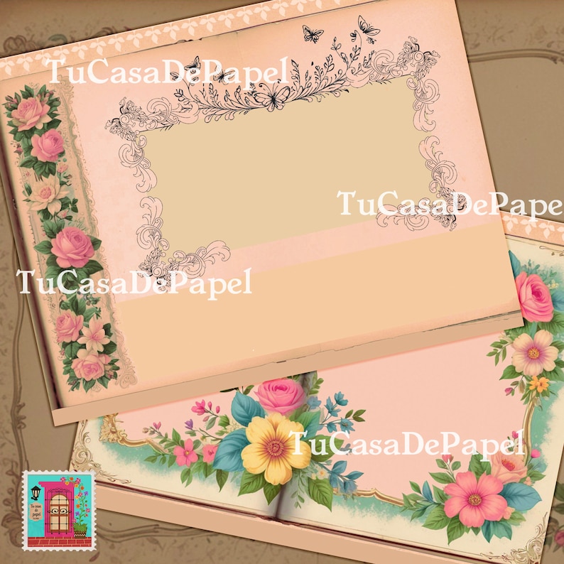 K&ouml;nnte beinhalten: Ein ge&ouml;ffnetes Buch mit einem rosa-wei&szlig;en Blumendesign auf dem Einband. Das Buch ist auf einer leeren Seite mit einem dekorativen Rand ge&ouml;ffnet. Der Text "TuCasaDePapel" ist auf dem Einband und der Seite gedruckt.