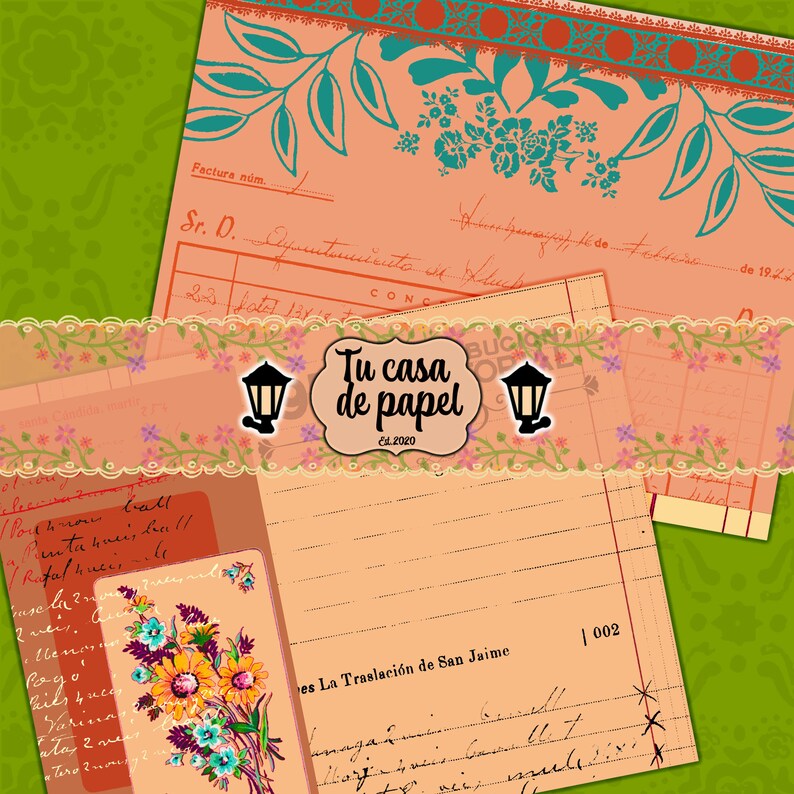 May include: A collage of vintage paper textures with a floral design and the text "Tu casa de papel Ed. 2020" in a black oval. The paper has a light peach color and a lined pattern. The text "es La Traslaci&oacute;n de San Jaime | 002" is written in black ink on the bottom right corner of the paper.