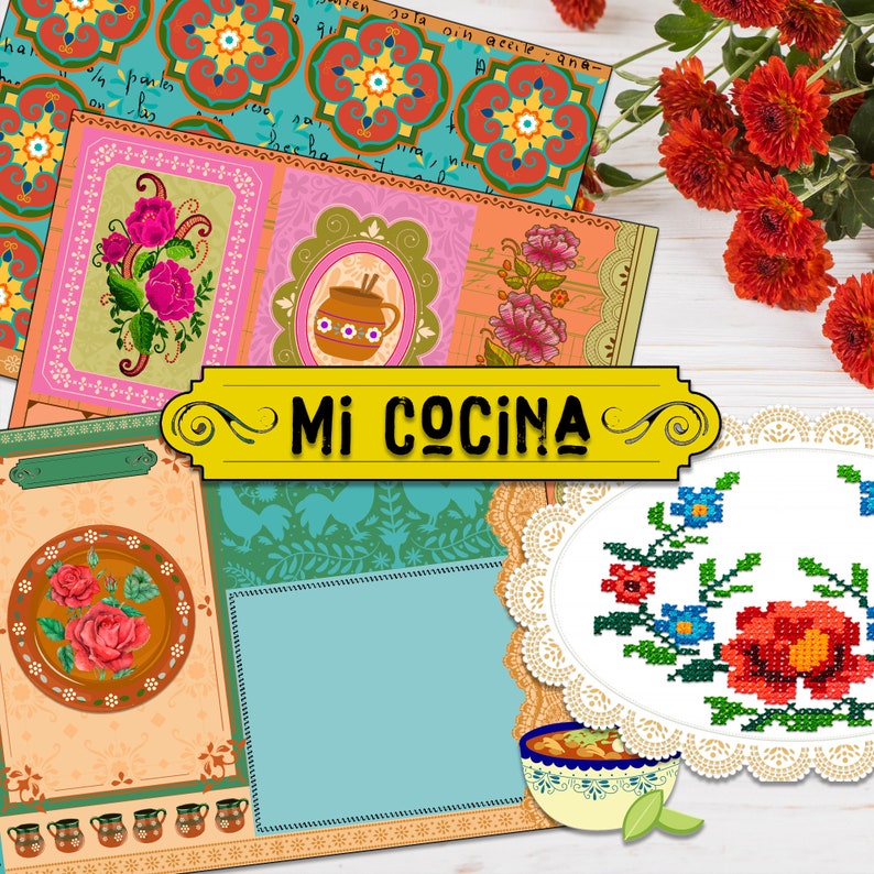 May include: A set of colorful printable cards with a Mexican theme. The cards feature floral designs, a traditional clay pot, and the text "Mi Cocina".