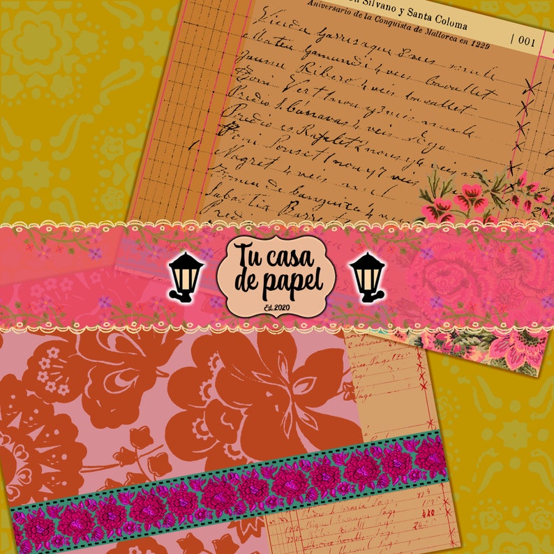 May include: A collage of images with a pink and white floral pattern, a yellow background with a floral pattern, and a piece of paper with handwritten text. The text reads "Aniversario de la Conquista de Mallorca en 1229 Silvano y Santa Coloma Vinen Herreraque Bres mule elbaten gemundi kveer bnoutlet. Jaume Ribere kreis in saltet Born Ver throu Precio es Rafalet & non zu ver 1. Cassavas veis Ego Boni Sousit nou stwier Nagret & meis Pimen de banguizen. Saba tia Burre". The collage also includes a pink banner with the text "Tu casa de papel Ed. 2020" and two lamppost icons.