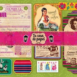 May include: A collage of vintage images featuring a pink and green striped background, a woman in a floral dress, a vintage receipt, a vintage advertisement for toothpaste, and a vintage advertisement for a cream. The text "Tu casa de papel" is written in a pink banner.
