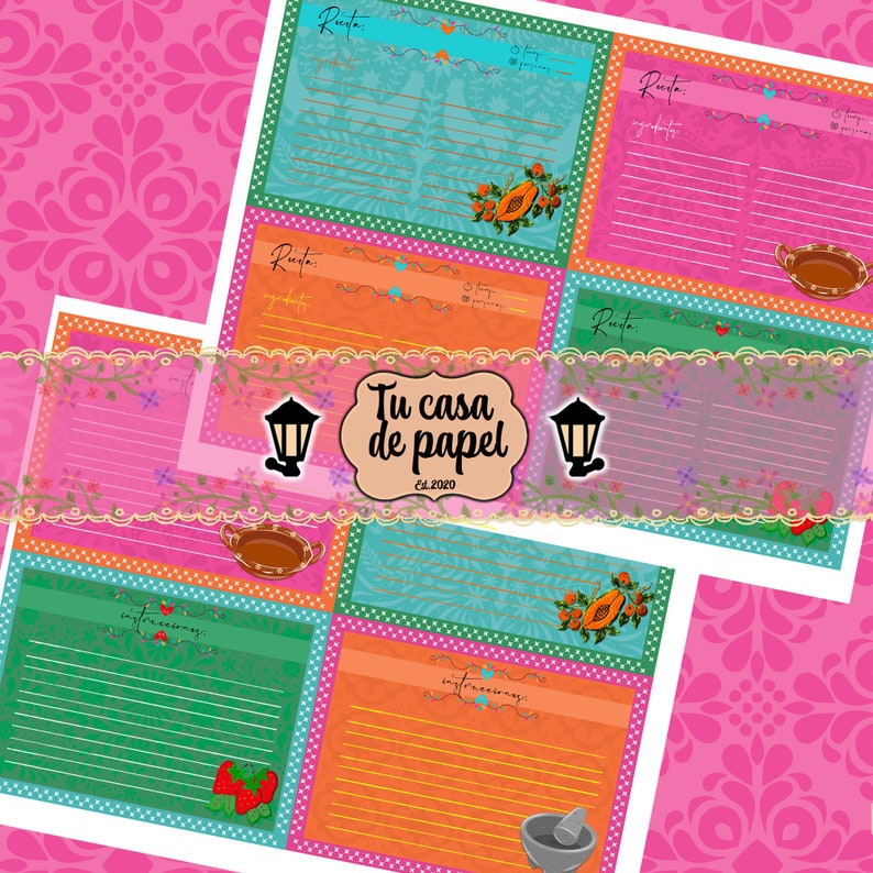 May include: A set of six colorful recipe cards with a Mexican theme. Each card has a title, "Receta", and lines for writing ingredients and instructions. The cards feature illustrations of fruits, vegetables, and kitchen tools.