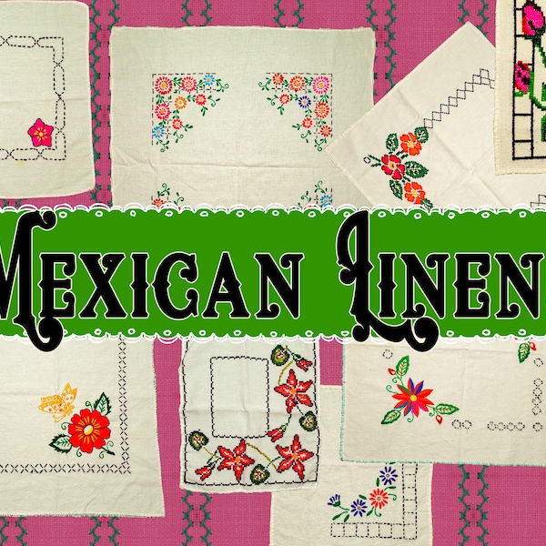 DIGITAL Vintage Linens Napkins Doilies, Mexican Embroidery Fabric Servilletas, Printable Vintage Ephemera Kit, Junk Journal Cards, Supplies