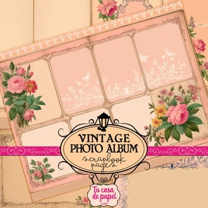 K&ouml;nnte beinhalten: Vintage Fotoalbum-Scrapbook-Seiten mit floralen Designs und rosa Hintergrund. Der Text "Vintage Photo Album Scrapbook Pages" ist in einer dekorativen Schriftart.
