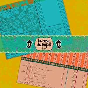 May include: A vintage-style paper journal with a teal floral pattern and a handwritten list of dates and events. The journal has a decorative border with a ribbon and a logo that says "Tu casa de papel" with the year 2020.