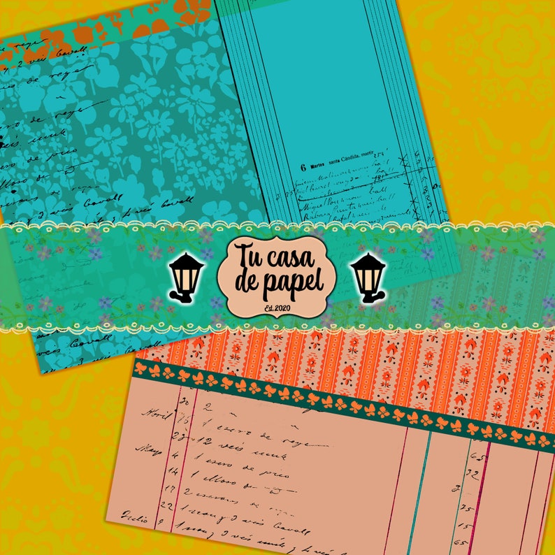 May include: A vintage-style paper journal with a teal floral pattern and a handwritten list of dates and events. The journal has a decorative border with a ribbon and a logo that says "Tu casa de papel" with the year 2020.