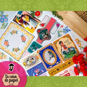 May include: A collection of vintage-style paper ephemera with colorful illustrations and text. The ephemera includes a floral design with a blank space for writing, a label with the text "Chocolate Vaca", and a label with the text "Encantos de la existencia".