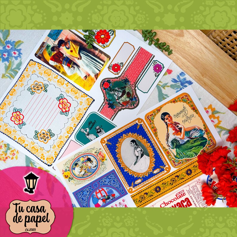 May include: A collection of vintage-style paper ephemera with colorful illustrations and text. The ephemera includes a floral design with a blank space for writing, a label with the text "Chocolate Vaca", and a label with the text "Encantos de la existencia".