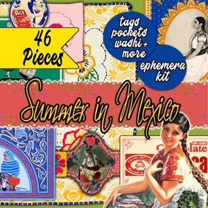 May include: A digital collage kit with 46 pieces featuring images of Mexican culture, including a woman in a traditional dress, a tiled wall, and a chocolate label. The kit includes tags, pockets, washi tape, and more ephemera.