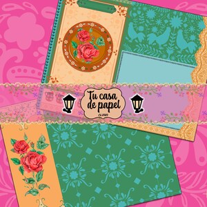 May include: A digital collage sheet with a variety of colorful patterns and designs. The sheet includes a floral pattern, a geometric pattern, a rooster pattern, and a plate with roses. The sheet also includes the text "Tu casa de papel" and the year "Est. 2020".