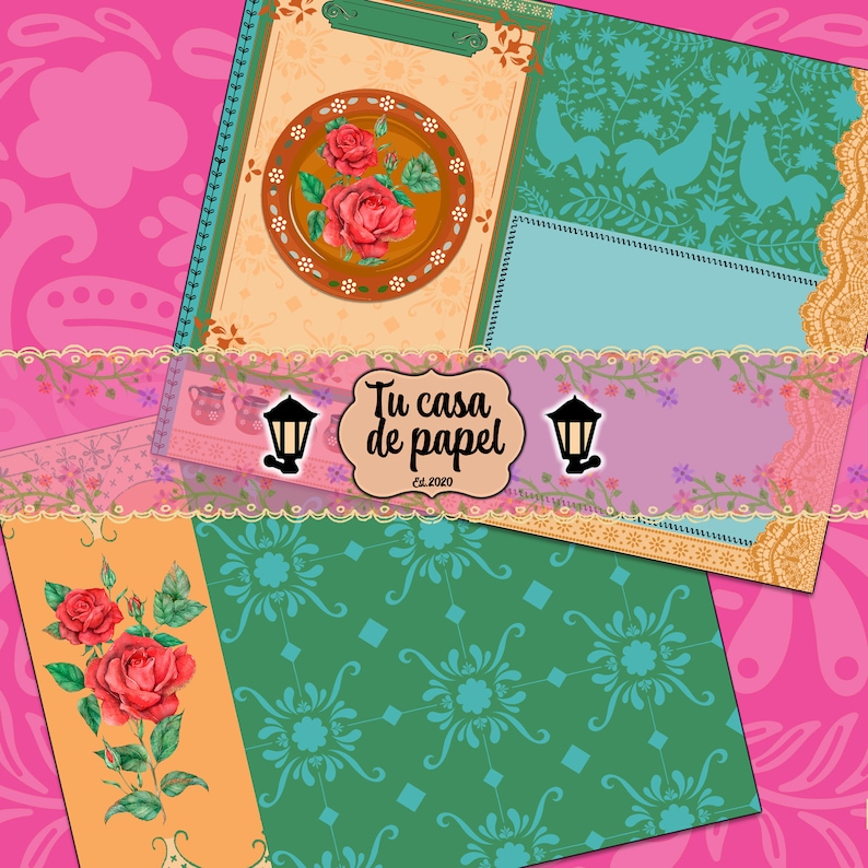 May include: A digital collage sheet with a variety of colorful patterns and designs. The sheet includes a floral pattern, a geometric pattern, a rooster pattern, and a plate with roses. The sheet also includes the text "Tu casa de papel" and the year "Est. 2020".
