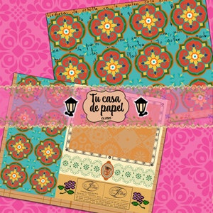 May include: A colorful digital paper pack with a turquoise, red, yellow, and white geometric pattern. The paper pack includes a title that says "Tu casa de papel" and the year "Ed. 2020".