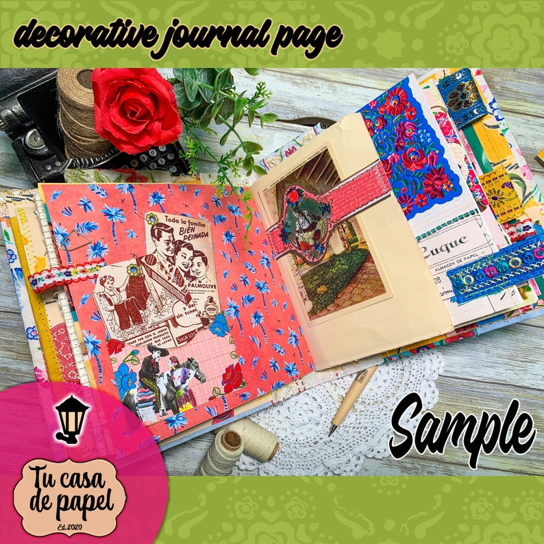 May include: A decorative journal page with a pink and blue floral pattern. The page is decorated with various paper ephemera, including a vintage advertisement, a postcard, and a ribbon. The text "Toda la familia Bien Peinada" is visible on the page.