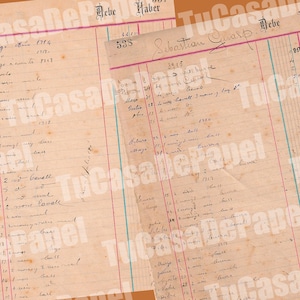 May include: A vintage ledger page with handwritten entries in black ink. The page is divided into columns with headings for "Debe" and "Haber". The entries include dates, amounts, and descriptions of transactions. The page is yellowed with age and has a few stains.